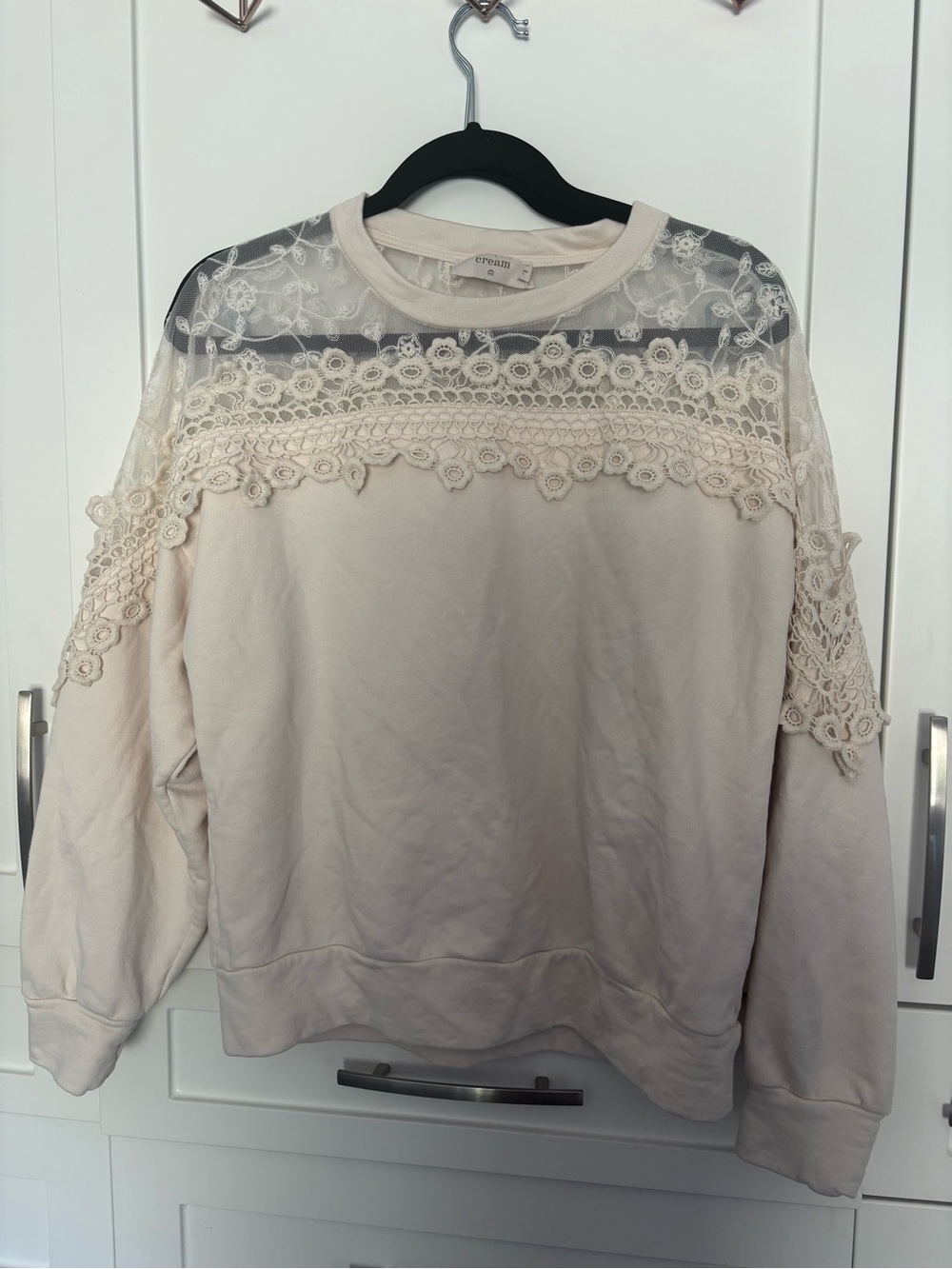 Cream Lace-Trim Pullover Sweatshirt